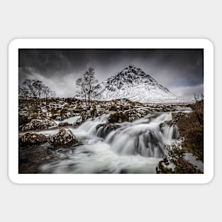 Buachaille Etive Mor Mountain and Coupall River Falls in the Snow Sticker